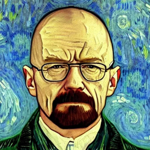 Image similar to walter white painted by van gogh, oil painting, intricate, stylized, painting