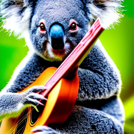 Image similar to a koala playinga guitar, modelsociety, radiant skin, huge anime eyes, rtx on, perfect face, directed gaze, sony a 7 r iv, symmetric balance, polarizing filter, photolab, lightroom, 4 k, dolby vision, photography award