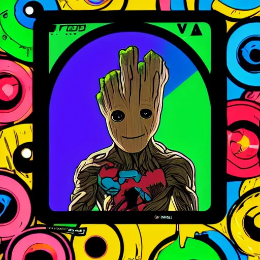 Image similar to svg sticker of a Pop-Wonder Groot-Marvel-Avenger at a rave, spinning records, giant headphones rocking out, wearing headphones, huge speakers, dancing, rave, DJ, spinning records, digital art, amazing composition, rule-of-thirds, award-winning, trending on artstation, featured on deviantart