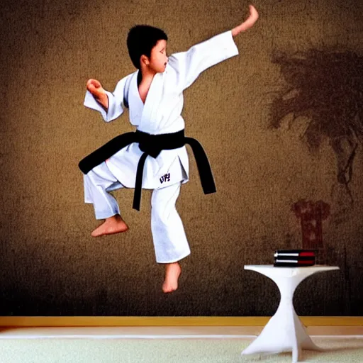 Image similar to karate kid kitten!!!! Doing a crane kick, in style of 80s movie montage, blur, kanji writing background,