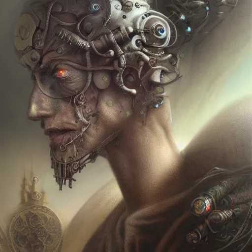 Image similar to Baroque Cyborg Merlin by Brian Froud, Alan Lee, Josh Kirby, Luis Royo, Alex Grey annd Agostino Arrivabene. beautiful strange detailed painting 8k resolution deviantart trending on Artstation concept art digital illustration psychedelic surrealism Unreal Engine ZBrush volumetric lighting