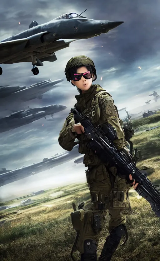 Prompt: girl, trading card front, future soldier clothing, future combat gear, realistic anatomy, war photo, professional, by ufotable anime studio, green screen, volumetric lights, stunning, military camp in the background, metal hard surfaces, generate realistic face, black aviator glasses, strafing attack plane