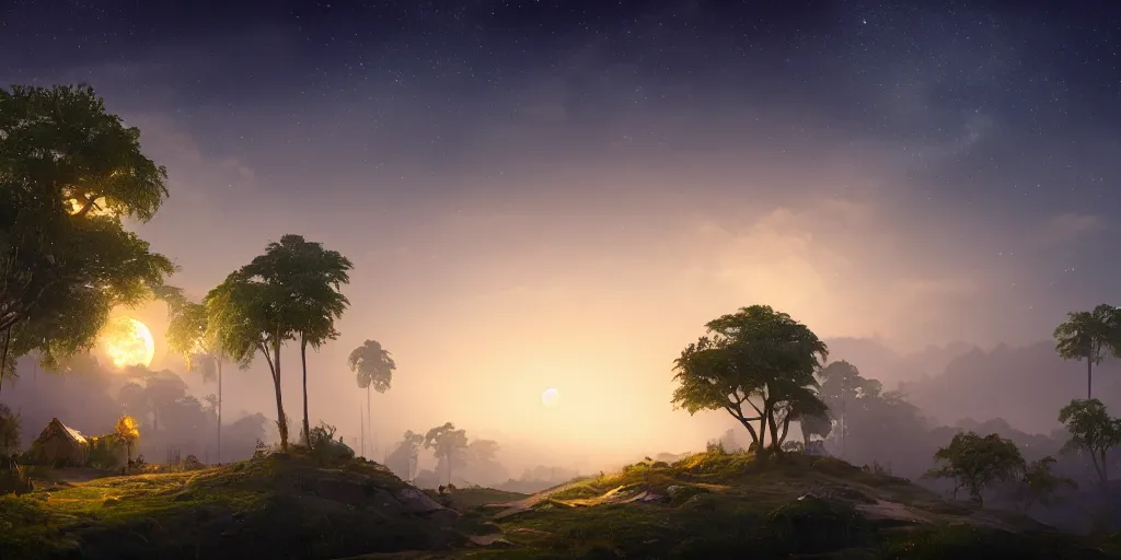 Prompt: dreamy moonlit landscape of a kerala village, realistic detailed digital art by Maxwell Boas Jessica Rossier Christian Dimitrov Anton Fadeev trending on Artstation CGSociety rendered in Unreal Engine 4k HQ