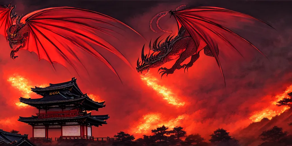 Image similar to Stunning Portrait of A Red dragon flying above a Feudal Japan temple, during a fire works festival at night by Kim Jung Gi, Blizzard Concept Art Studio Ghibli. oil paint. 4k. by brom, Intense fireworks by Ross Tran, Greg Rutkowski, Mark Arian, soft render, octane, highly detailed painting, artstation