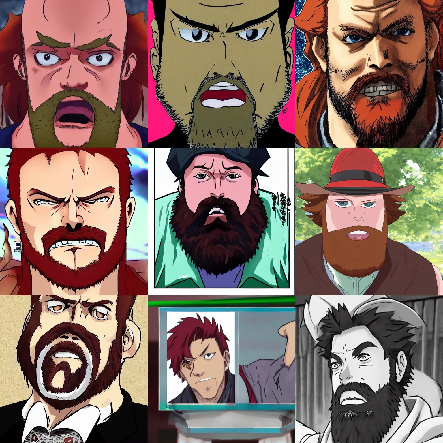 Prompt: an angriestpat with red beard portrait in the stye of the anime jojo no kimyo na boken