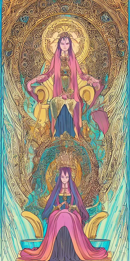 Prompt: a mystical woman priestess sitting on a throne, the divine feminine, drawn by studio UFOTABLE, fine line work, pastel colors