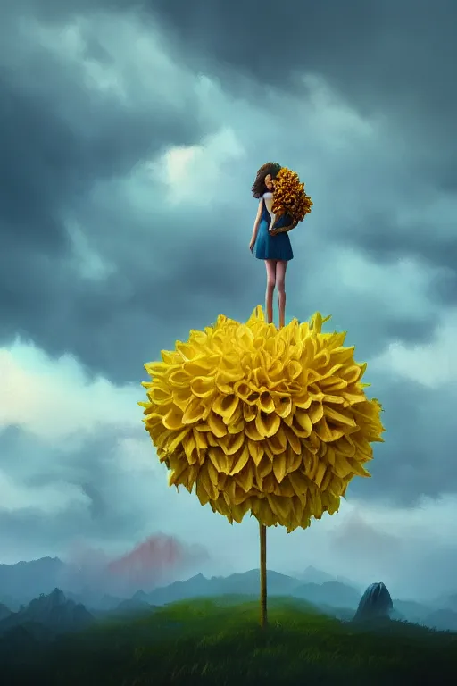 Image similar to closeup girl with huge yellow dahlia flower face, intricate, standing on mountain, surreal photography, blue storm clouds, dramatic light, impressionist painting, digital painting, artstation, simon stalenhag