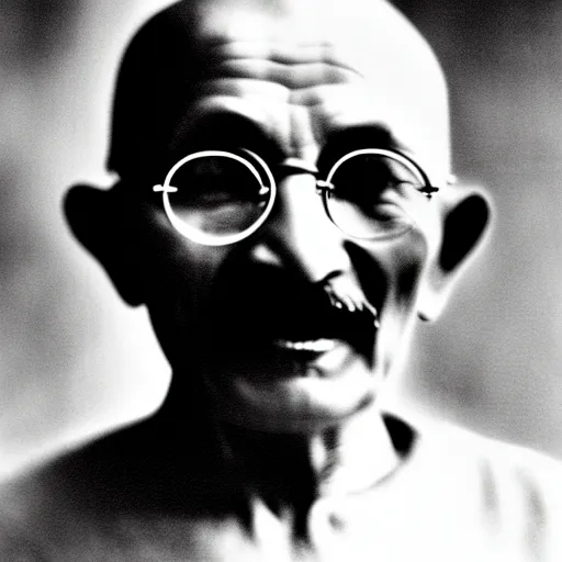 Prompt: Photo of Mahatma Ghandi, close-up, high detail, studio, ominous background, smoke, 85mm Sigma Art Lens