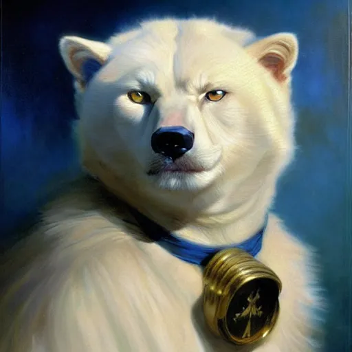 Image similar to a portrait of a manly bear dog white cat feline, blue eyes, star trek the next generation. highly detailed painting by gaston bussiere, craig mullins, j. c. leyendecker, furry