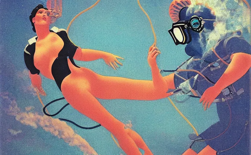 Image similar to vaporwave art deco of scuba diver by adolphe millot