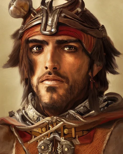 Prompt: portrait of a spanish conquistador by filipe pagliuso and justin gerard, symmetric, detailed, intricate, anatomy, facial features, digital painting, princess mononoke color scheme, masterpiece, sharp focus, 8 k