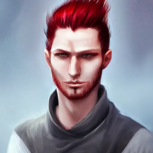 Image similar to portrait, 30 years old man :: fantasy :: red hair ponytail :: left burn scars :: high detail, digital art, RPG, concept art, illustration, Deviantart