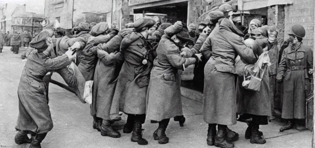 Prompt: photorealistic photograph of tired USSR soldiers stealing from an old woman at the store, 1940s, retro, award-winning