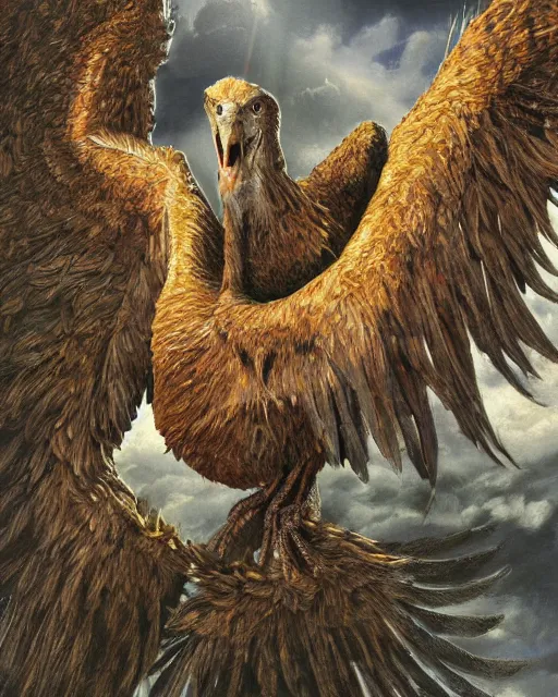 Image similar to wide shot low angle full body hyppogriff from Harry Potter and the Prisoner of Azcaban flying in the sky, highly detailed, sharp focus, digital painting, oil painting, artwork, museum work, by Robert Bateman, by Carl Brenders,