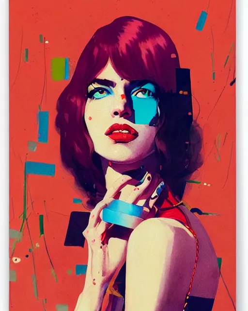 Image similar to an ultradetailed beautiful painting of a stylish woman with colorful band aids, concert poster, retro, conrad roset, greg rutkowski