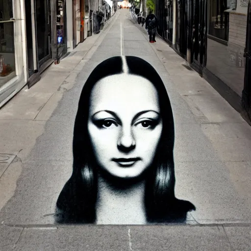 Image similar to photo of person walking down the street, with mona lisas face