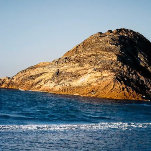 Image similar to a mountain and the sea, a little house in the middle of the sea