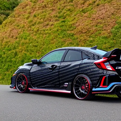 Prompt: 2 0 2 0 civic coupe type r from behind, carbon fiber wing spoiler, volk wheels, - s 1 0 9 2 8 9 2 3 8 5