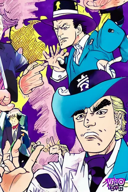 Image similar to Joe Biden as Jotaro Kujo JoJo from JoJo's Bizarre Adventure battling Donald Trump, anime drawing by Hirohiko Araki, vivid colors, colorful fashion