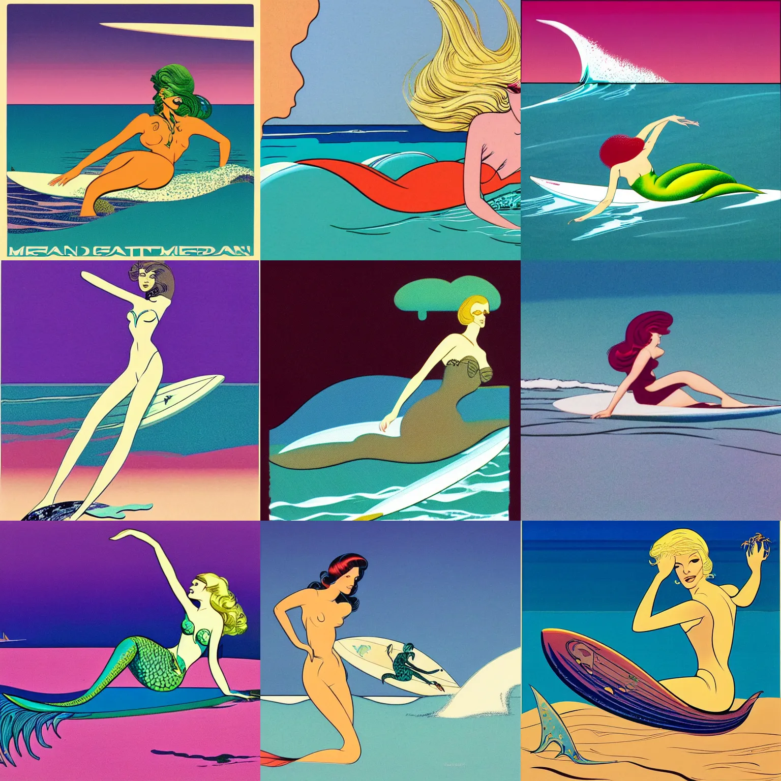 Prompt: Mermaid on a Surfing by Roger Dean and Patrick Nagel, Album art, 1970s, 4k
