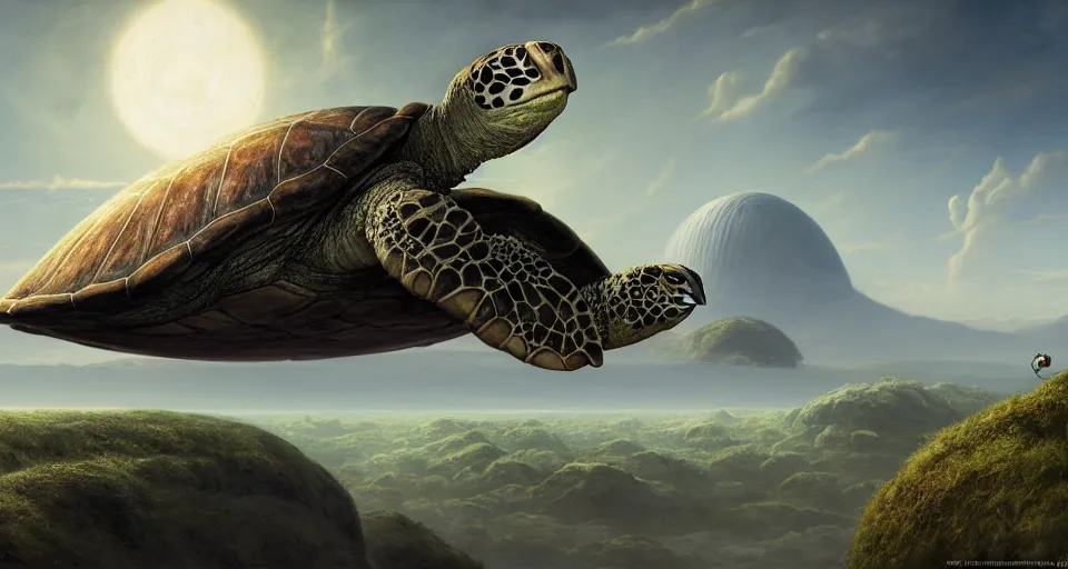 Image similar to the diskworld, flat earth on a colossal turtle's back, realistic, matte painting, unreal engine, 8k, wide angle, f12, paul kidby, james gurney and greg rutkowski, trending on artstation