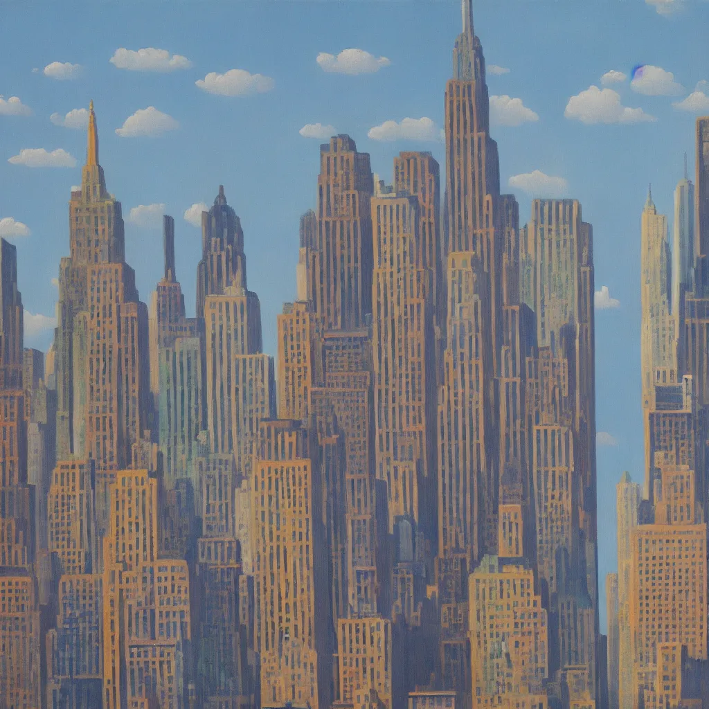 Prompt: a beautiful painting of manhattan, in the style of rene magritte. 4k