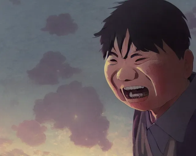 Image similar to a 50 year old brunnete chinese man with puffy cheeks bursting in tears on the floor, close up shot, anime art, Greg Rutkowski, studio ghibli, dramatic lighting