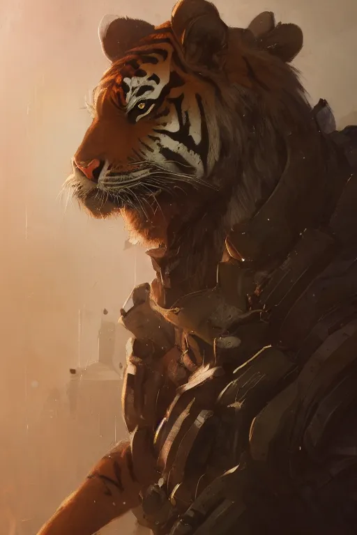 Image similar to portrait male anthro tiger dressed in military clothes character full body precis no blur, concept art, character sheet, nier automata, gaston bussiere, greg rutkowski, tsutomu nihei, cyberpunk, trending on artstation, featured on pixiv, hyper detail, cinematic composition, 8 k, detailed face