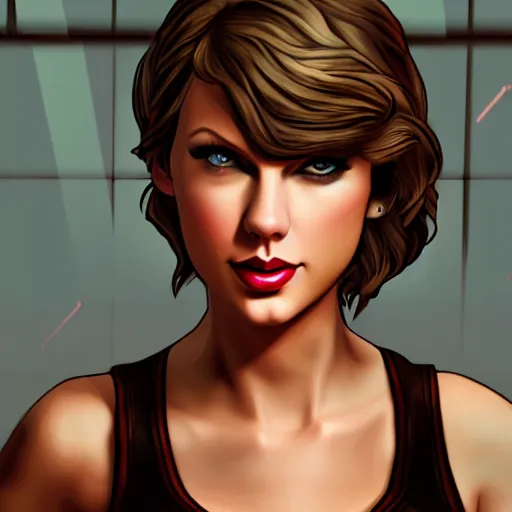 Image similar to taylor swift portrait, borderlands, tales from the borderlands, the wolf among us, comic, cinematic lighting, studio quality, 8 k