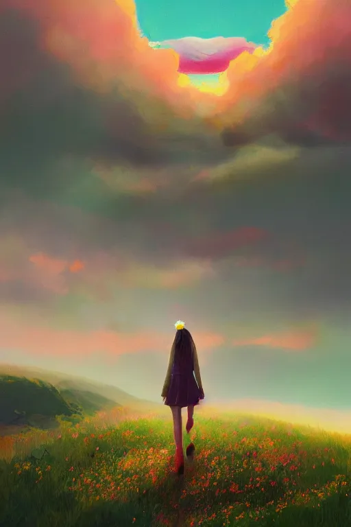 Image similar to giant daisy flower head, girl walking in the mountains, surreal photography, sunrise, dramatic light, impressionist painting, colorful clouds, digital painting, artstation, simon stalenhag