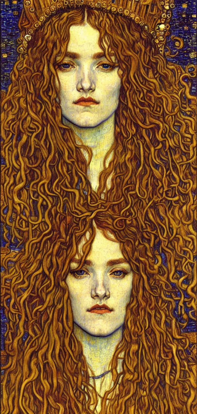 Image similar to detailed realistic beautiful young medieval queen face portrait by jean delville, gustav klimt and vincent van gogh, art nouveau, symbolist, visionary, gothic, pre - raphaelite, muted earthy colors, desaturated