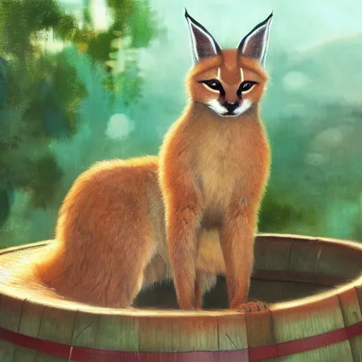 Image similar to a digital art of cute fluffy caracal near a wooden barrel lying at the side, at after noon, green and warm theme, by krenz cushart and mucha and akihito yoshida and greg rutkowski and makoto shinkai, long shot, back lighting, detailed eyes, 4 k resolution, trending on art station