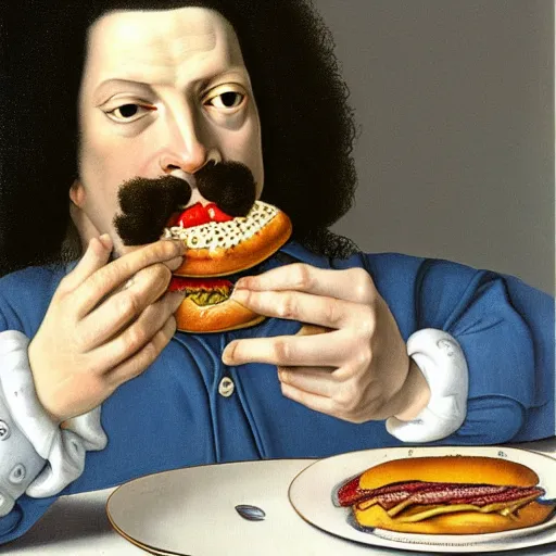 Prompt: painting portrait of louis xiv eating hamburger by lucian freud and bob bottin and reubens