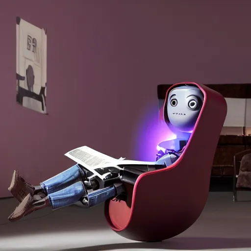 Prompt: futuristic studious matte brown and red and chrome full-body humanoid robot with two huge round expressive sad purple glowing LED eyes and open rectangular mouth sitting on a large comfortable cushioned 1950s vintage recliner reading a newspaper. open newspaper. wide Cinematic Movie Photograph, Arri Alexa, Extremely Detailed, smooth, very very clean, 8K, octane render, maya render, unreal engine, trending on artstation, DSLR, excellent composition, center frame