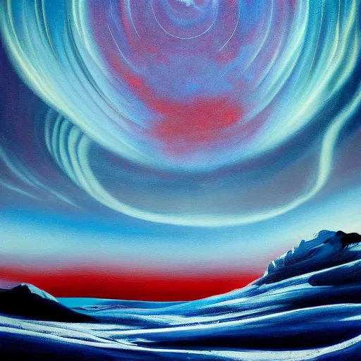 Image similar to the epic orphism painting'blue arctic void with black and red aurora borealis ', stunning masterpiece, trending on artstation