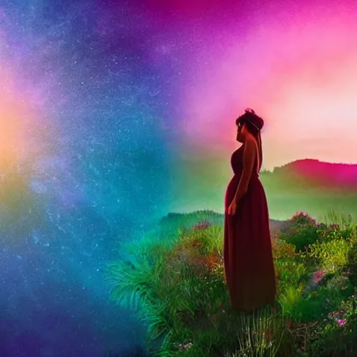 Image similar to A picture of a planet of various colors and plants, in which a human figure dressed in something magical and impressive, inside a picture of infinity, sunset light, Atmospheric Phenomenon art photography