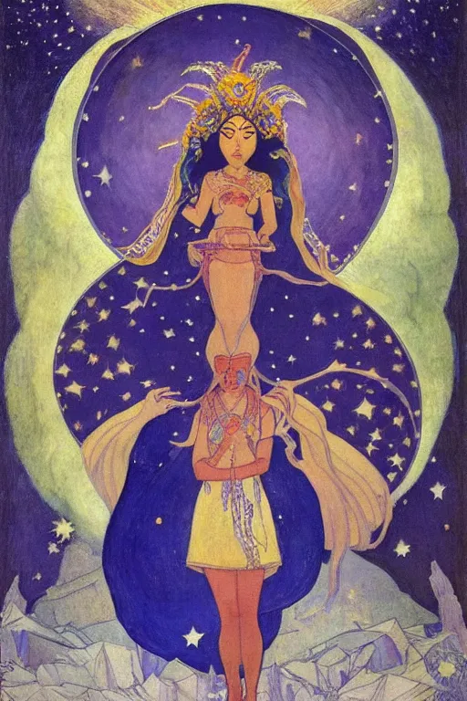 Image similar to queen of the moon with stars in her hair by Nicholas Roerich and Annie Swynnerton and Diego Rivera and jean delville and Carl Larsson, dramatic cinematic lighting , dark skin and natural afro hair, silver jewelry, ornate headdress, flowing robes, sacred artifacts, lost civilizations, smooth, sharp focus, extremely detailed