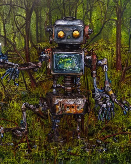 Image similar to detailed oil painting of a decayed, rusty, robot, covered in moss, in a forest, painted by Greg Rukowtski, sunlight