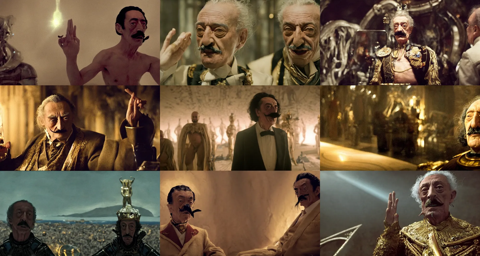 Prompt: the extreme long shot of drunk salvador dali in the role of emperor | still frame from the prometheus movie by ridley scott and alejandro jodorowsky with cinematogrophy of christopher doyle, anamorphic bokeh and lens flares, 8 k, higly detailed masterpiece