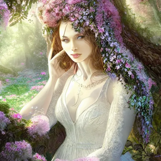 Image similar to a picture of a beautiful woman in a white lace dress and covered in flowers and leaves sitting overlooking an enchanted forest, high fantasy, elegant, epic, detailed, intricate, digital painting, concept art, realistic detailed face, smooth, focus, volumetric light through the trees,