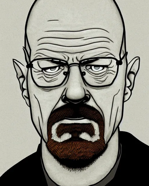 Image similar to portrait of walter white in the style of justin roiland. heisenberg from breaking bad. cinematic lighting. style of rick & morty. photographic, photography. by justin roiland