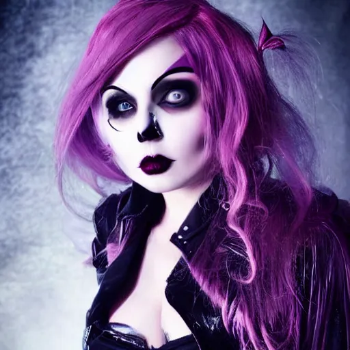 Image similar to modeling photograph kerli koiv as blind mag from genetic opera, blonde, beautiful, dark, mysterious, bubble goth, detailed symmetrical face, half body shot, fog dramatic, teen