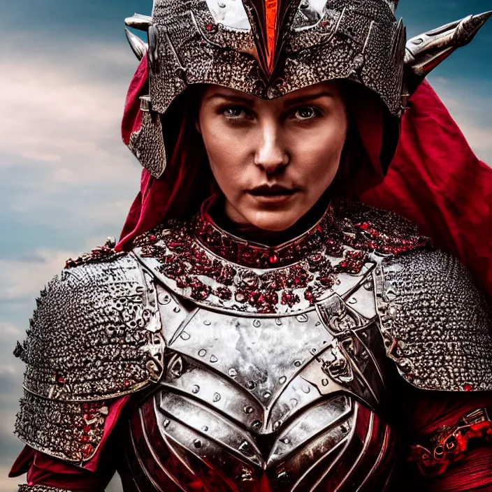 Image similar to full length photo of a beautiful strong warrior queen wearing ruby encrusted armour, highly detailed, 4 k, hdr, smooth, sharp focus, high resolution, award - winning photo