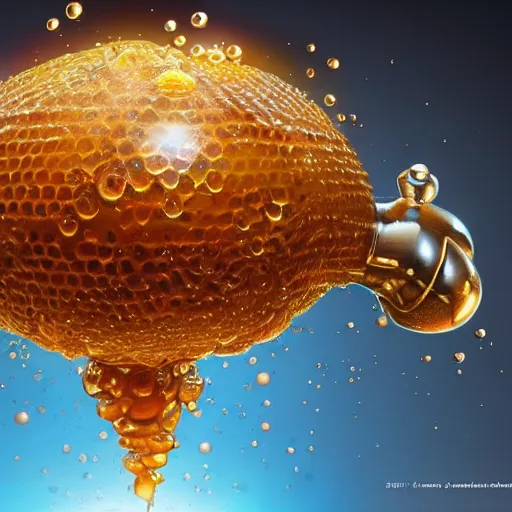 Image similar to droplet of golden honey splash, fantasy, hd, volumetric lighting, 4 k, intricate detail, by jesper ejsing, irakli nadar