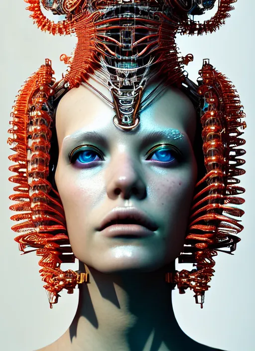 Image similar to portrait of an absurdly beautiful, graceful, sophisticated, fashionable cyberpunk mechanoid, hyperdetailed illustration by irakli nadar and alexandre ferra, intricate linework, white porcelain skin, faberge, coral headdress, unreal engine 5 highly rendered, global illumination, radiant light, detailed and intricate environment