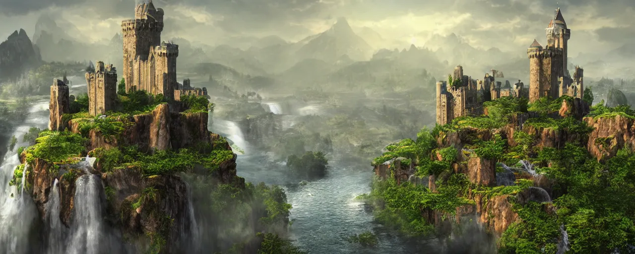 Prompt: a beautiful fantasy landscape of a large majestic medieval castle with lots of towers and huge walls on top of a lush cliff with a huge waterfalls in the middle, ruins of structures at the bottom, afternoon light streaking with god rays, ornate, detailed, octane render, 8k, trending on artstation deviantart google images, pinterest, canon 35mm lens