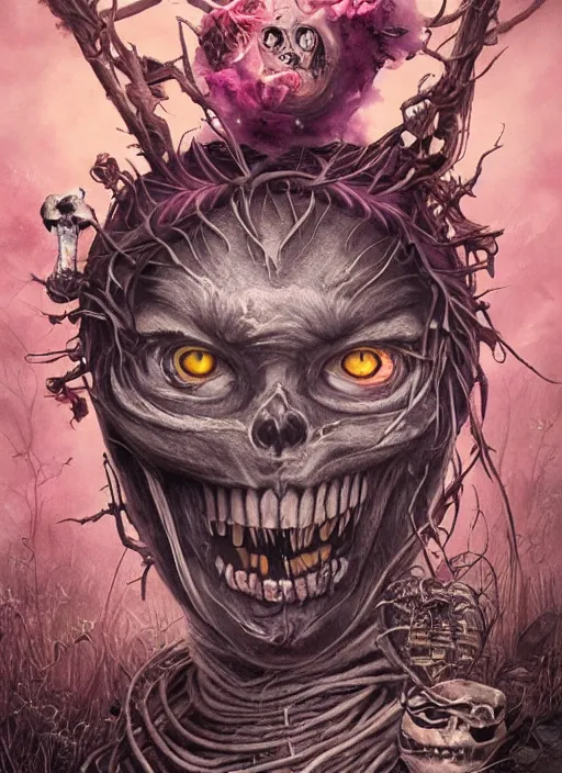 Image similar to cheshire cat death tarot card, highly detailed, half skull face, cinematic, 8 k, by stanley artgermm, tom bagshaw, greg rutkowski, carne griffiths, ayami kojima, beksinski, giger, trending on deviantart, hyper detailed, horror, full of colour