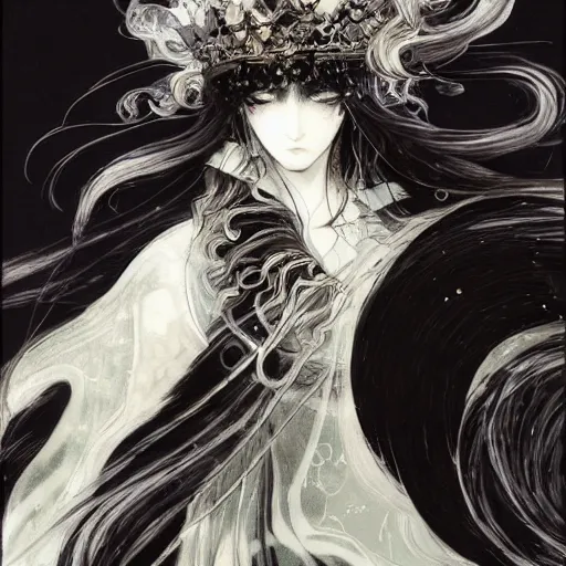 Image similar to yoshitaka amano blurred and dreamy illustration of an anime girl with black eyes, wavy white hair fluttering in the wind wearing elden ring armor and crown with engraving, abstract black and white patterns on the background, noisy film grain effect, highly detailed, renaissance oil painting, weird portrait angle, blurred lost edges, three quarter view