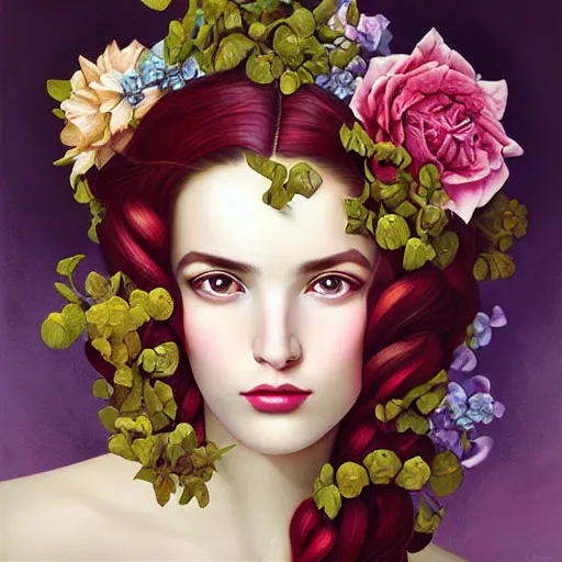 Image similar to dynamic composition, a painting of woman with hair of ( summer flowers )!! and vines wearing ornate earrings, ornate gilded details, a surrealist painting by tom bagshaw and jacek yerga and tamara de lempicka and jesse king, featured on cgsociety, pop surrealism, surrealist, dramatic lighting, wiccan, pre - raphaelite