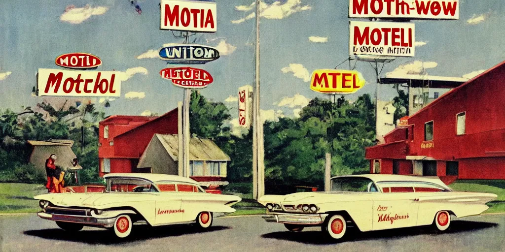 Image similar to 1 9 6 0 s americana painting of a motel and motel sign with a car parked outside by norman rockwell, panovision